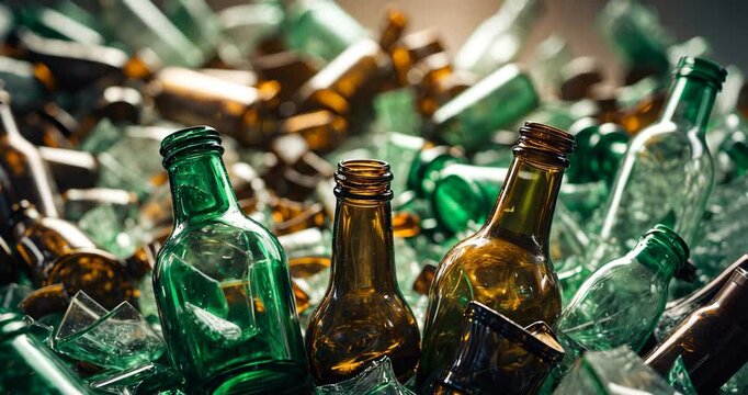 Shattered glass bottles, texture, background. Shattered glass bottles intended for recycling. Background featuring broken glass for recycling. Recyclable waste, waste recovery. Recycled materials.