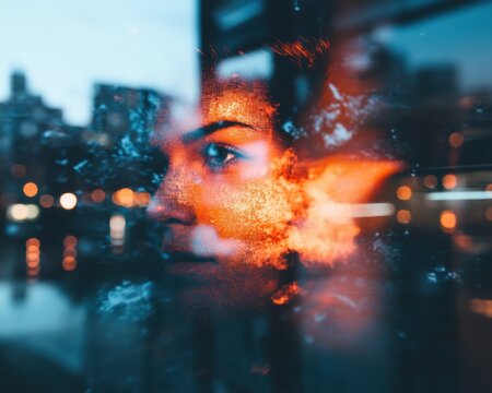 Urban Consciousness Ethereal AI-Powered Portrait Merging Human Emotion with Technological Disruption - Innovative Digital Design for Next-Gen Creative Storytelling