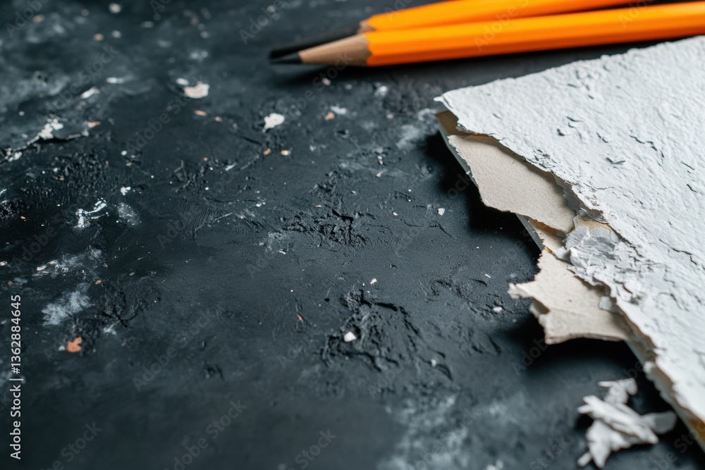 Poster minimalist workspace narrative textured dark surface, torn paper edge and vibrant pencils - creative