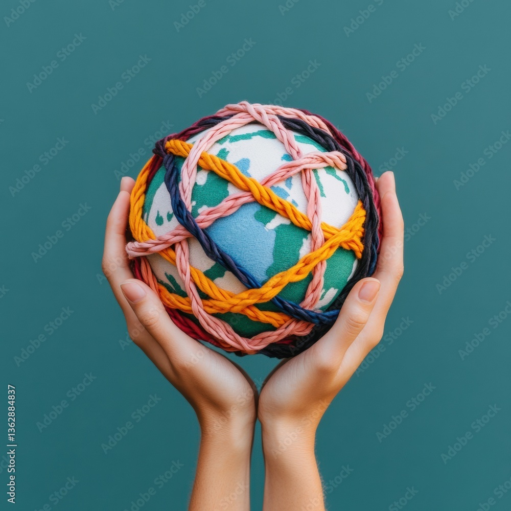 Aufkleber interconnected global unity multicultural hands embracing eco-friendly earth model with vibrant wove