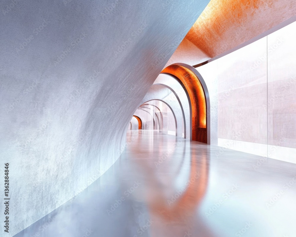 Poster Immersive Architectural Minimalism Futuristic Curved Corridor Exploring Liminal Spaces, Digital Design Innovation and Sensory Architectural Experience