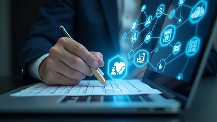 Hand Signing Holographic E-Document Employee Evaluation Form on Laptop with HR Icons for Recruitment
