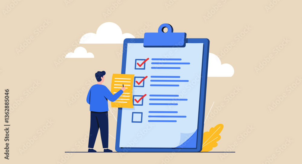 Poster man completing a checklist on a large clipboard.