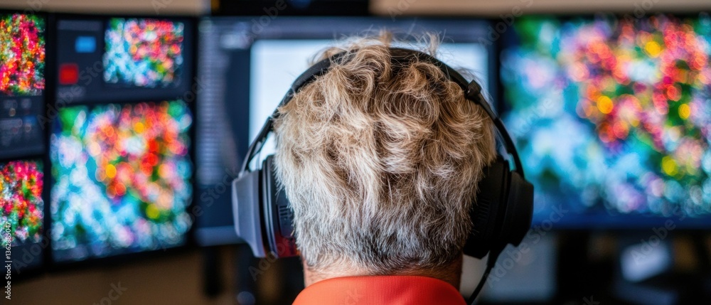 Poster Immersive Digital Workspace Next-Gen Professional Monitoring with Ergonomic Audio Tech - Hybrid Work Visualized Through Multiscreen Command Center Experience