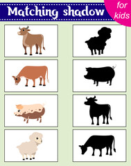 Brainteaser for kids.  Educational cards. Farm animals. Bull, cow, pig and sheep. Find the correct shadow. Activity for preschoolers and toddlers.