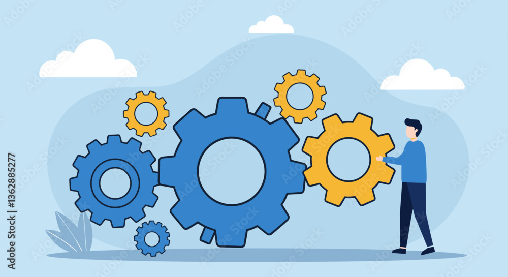 Poster man interacting with large gears, teamwork concept.
