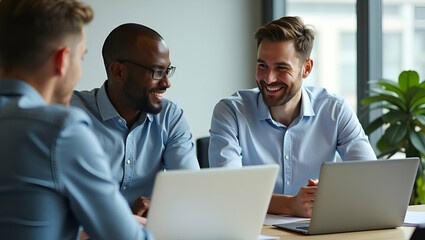 Dynamic Collaboration: Two Diverse Male Employees Engaged in Productive Conversations While Working on Laptops in a Modern Office Setting - A Vector Illustration of Teamwork