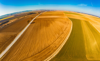 High resolution stitched winter drone panorama captured in flight near Wisselsing, Osterhofen,...