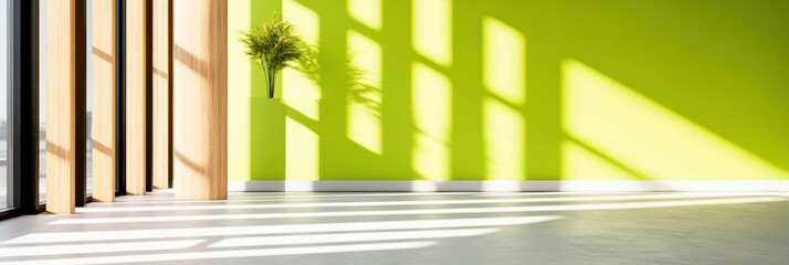Fototapeta premium Biophilic Workspace Design Minimalist Green Interior with Natural Light, Architectural Shadows, and Modern Wellness Aesthetic for Productive Environments