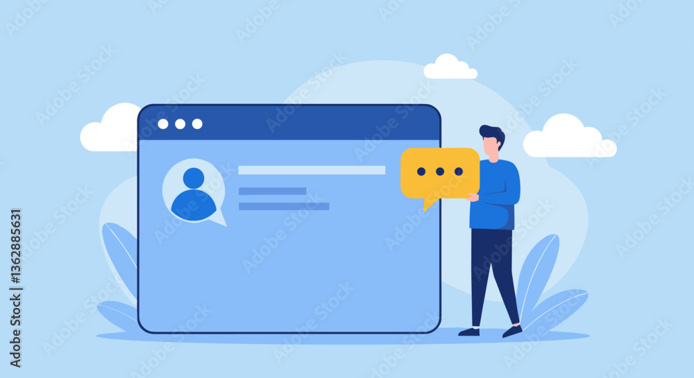 Poster man using online messaging service. simple blue interface.