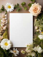 Blank card surrounded by white and pastel flowers