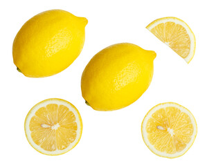Top view set of fresh ripe yellow lemon fruits with halves and slices or quarters isolated on white background with clipping path