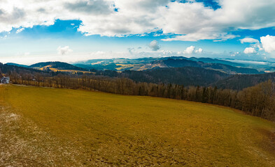 High resolution stitched winter drone panorama captured in flight at Kostenz, Perasdorf,...
