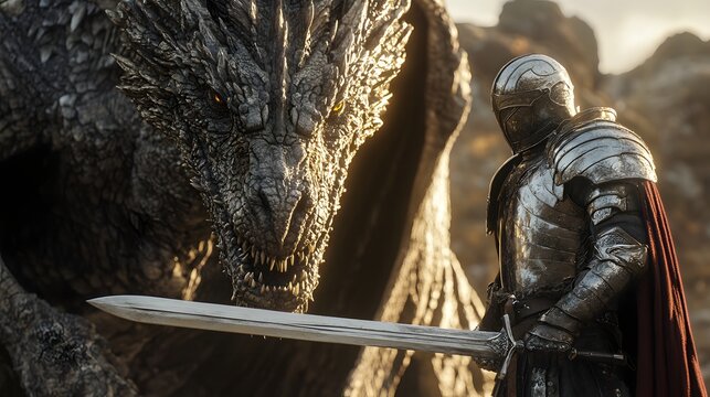 A warrior in shining armor holding a sword standing behaind dragon