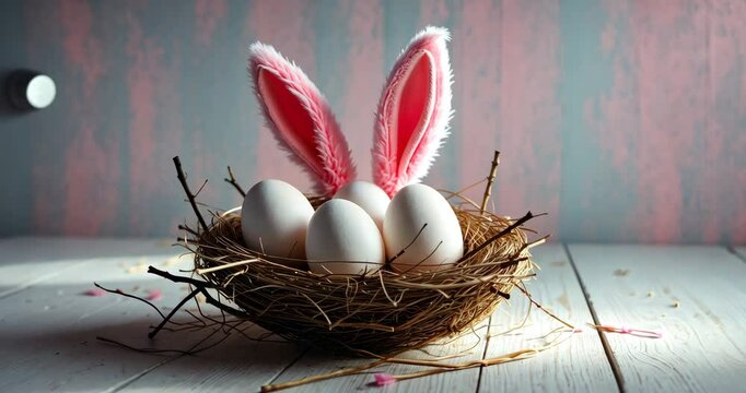 A home with a nest containing three white eggs and bunny ears. Spring celebration. Egg painting.
