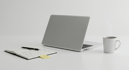 A neatly arranged desk with a laptop, notebook, and coffee cup, isolated on a white background