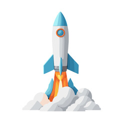 Colorful rocket launching with cloud smoke on white background