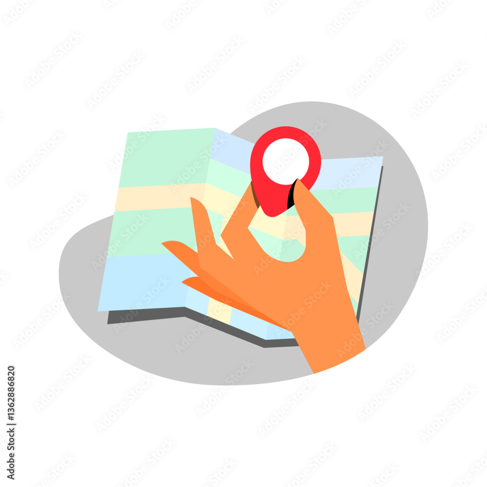 Poster flat illustration of a map with a location pin, adding an address or setting a location in a mobile 