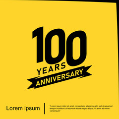 Obraz premium 100th years anniversary celebration emblem. black logo isolated with ribbon on yellow background. vector illustration template design for web, flyers, poster, greeting card and invitation card 