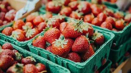 A bunch of red strawberries are displayed in a green container