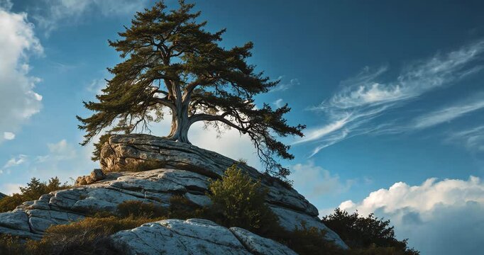 Cedar tree on a boulder in front of soft clouds against a blue sky.