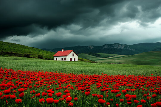White house with red roof in green field of poppies under dramatic sky, showcasing idyllic rural landscape, symbolizing peace and tranquility