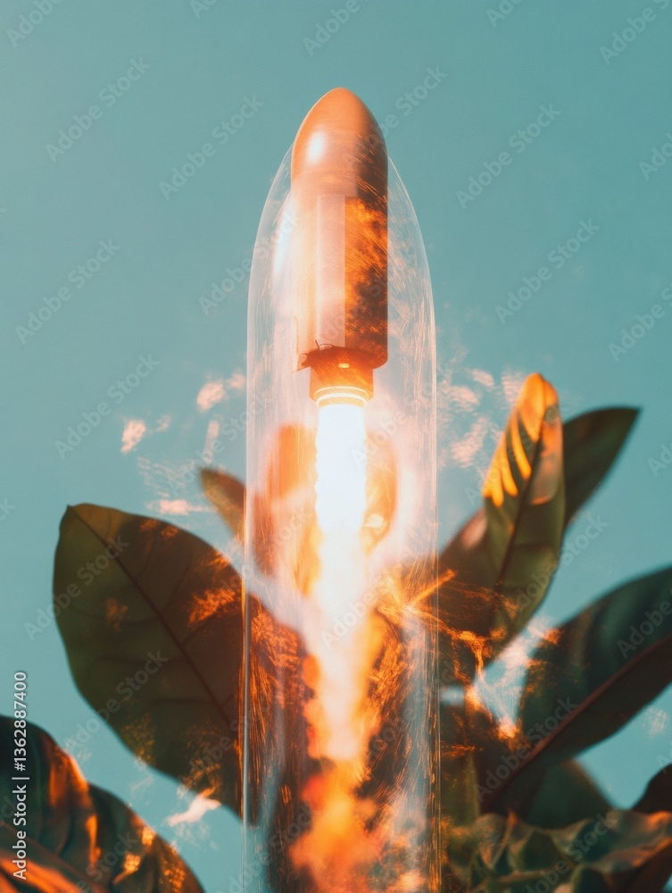 Aufkleber quantum leap visualized rocket launch igniting economic innovation with sustainable tech growth amid