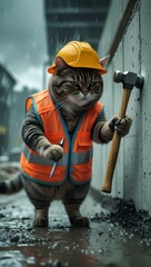 Fototapeta premium Hardworking Construction Cat in Safety Gear - Funny AI Art