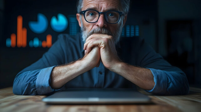Pensive Man in Glasses Contemplating Data Charts at Night