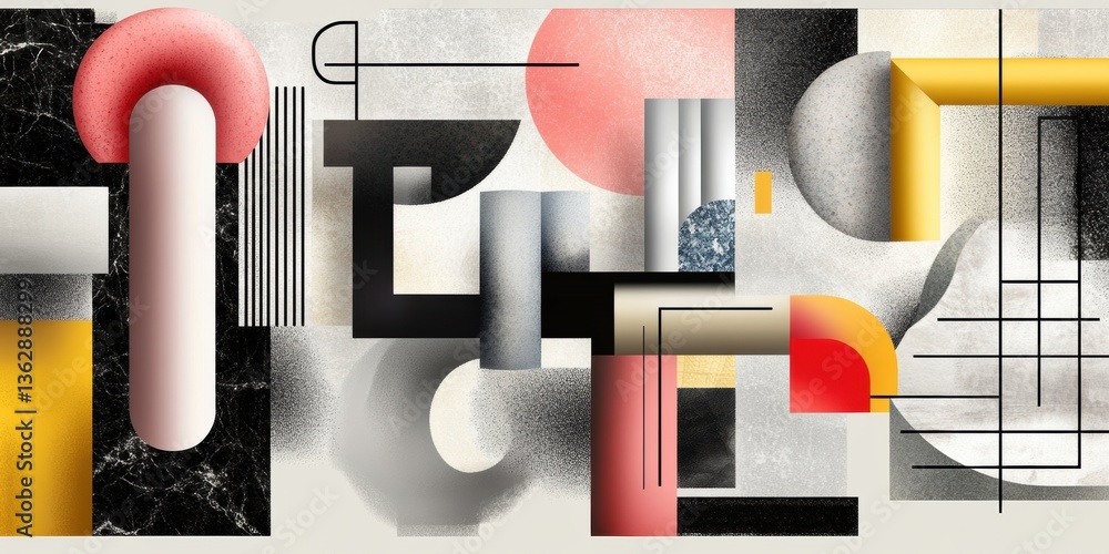 Poster neo-brutalist digital art retro-futuristic geometric composition blending pastel and monochrome text