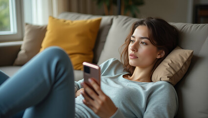 Flat Dolly Shot of Young Woman Relaxing on Sofa with Smartphone: A Modern Lifestyle Illustration Balancing Comfort, Leisure, and Digital Connectivity in a Cozy Living Room Setting