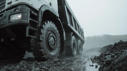 Obraz premium Heavy-duty dump truck operations construction site vehicle image rugged terrain close-up view industrial work
