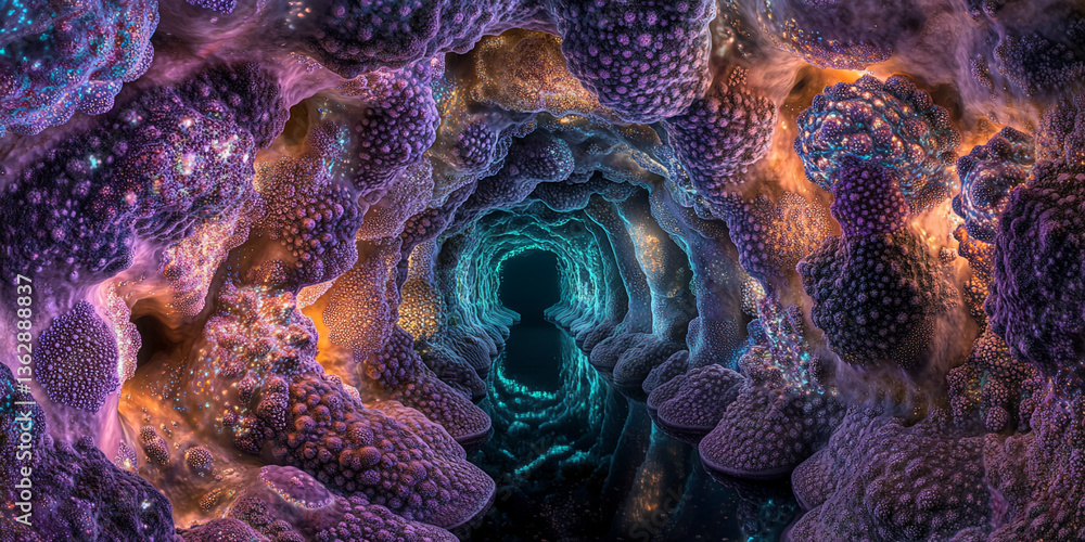 Poster intricate purple and orange textured tunnel, glowing with inner light, creating a fantasy or science