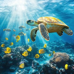 Obraz premium Majestic sea turtle gracefully swimming through vibrant coral reef with sun rays and school of yellow fish