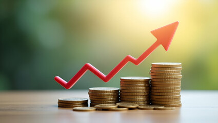 Calculator and Coins: Financial Growth with Up Arrow & Percent Symbol