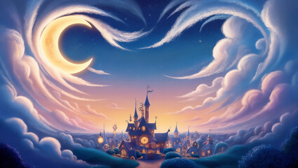 Obraz premium Dreamy night sky with a glowing moon and twinkling stars over a magical village with castles, towers, and cozy cottages.