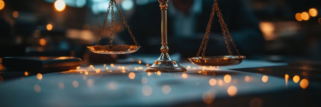 Precision Justice Illuminated Legal Scales Symbolizing Algorithmic Equity, Digital Transparency, and Modern Litigation Advocacy in High-Contrast Professional Environment