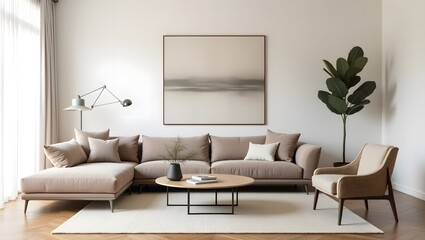 A modern and minimalist living room with a neutral color palette, textured fabrics, and elegant décor.