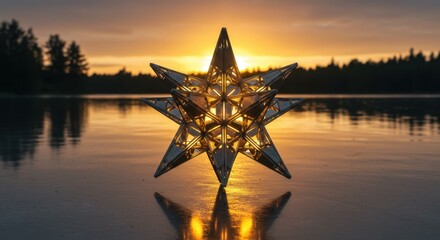 Golden Hour Star: Geometric Sculpture at Sunset Over a Calm Lake