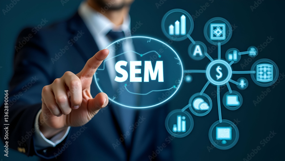 Poster businessman highlighting sem icons on digital interface: a visual guide to search engine marketing s