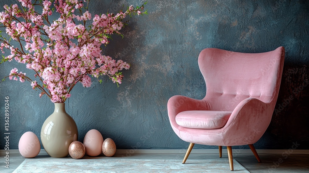 Poster a beautifully arranged space showcases a soft pink chair next to a vase filled with delicate cherry 