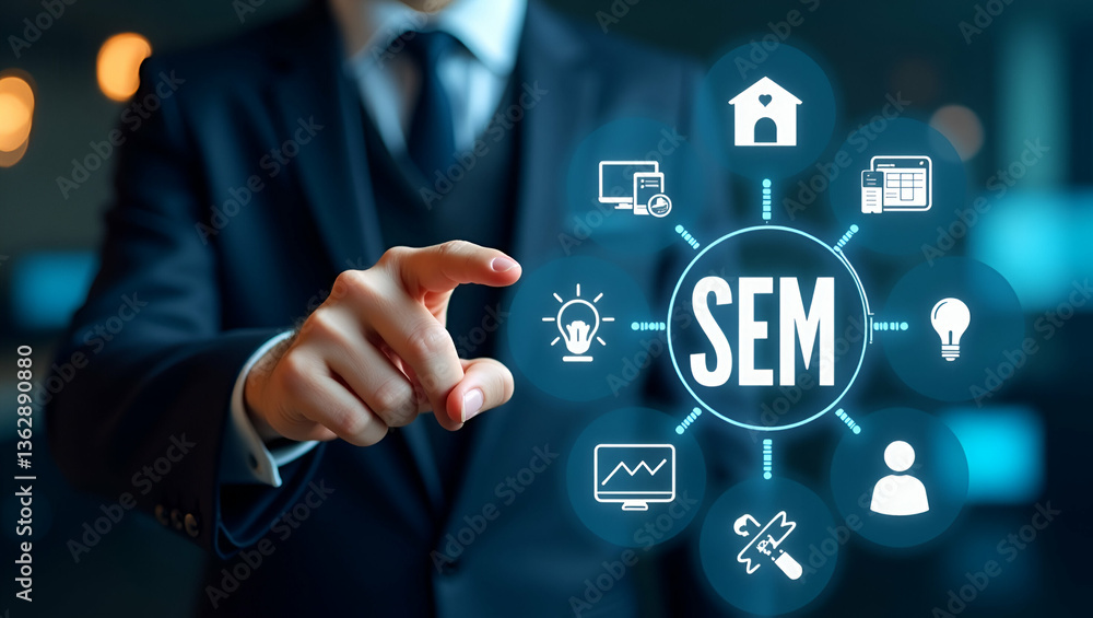 Poster businessman highlighting sem icons on digital interface: a visual guide to search engine marketing s