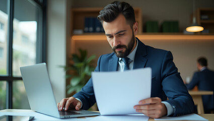 Flat Focused Latin businessman reviewing documents at office laptop reinforcing attention to detail streamlining corporate compliance. concept as Serious accountant reads contracts ensures legal preci