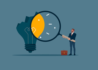 Businessman holding a magnifying glass analyzing lightbulb. After business failure, burnout or exhausted from crisis, no new idea or inspiration. Vector illustration. 