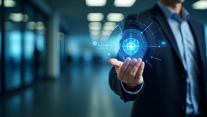 Businessman Holding Virtual Protect Health Insurance Sign - Copy Space