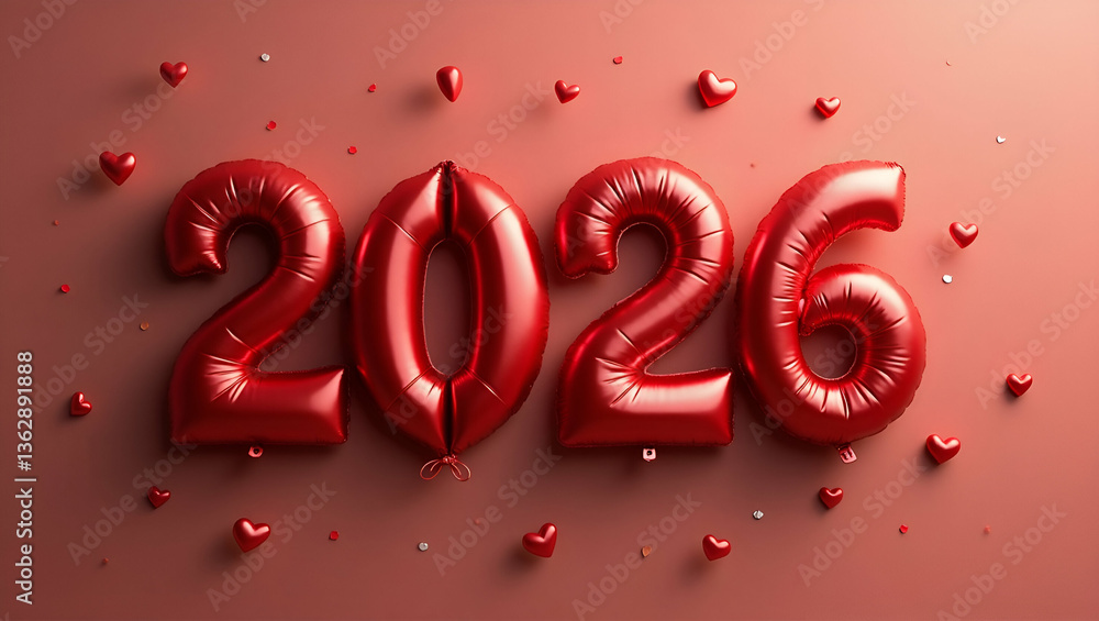 Poster flat text 2026 and happy new year on red heart shaped balloons. new year holiday and countdown conce