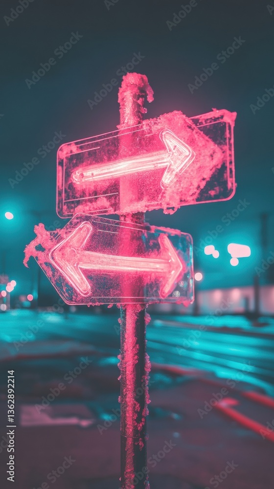 Aufkleber Neon Cyberpunk Wayfinding Futuristic Urban Navigation Signpost in Synthwave Aesthetic - Digital Transformation and Creative Placemaking Visual Narrative
