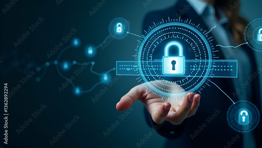Poster secure your data: flat woman using holographic interface for cybersecurity