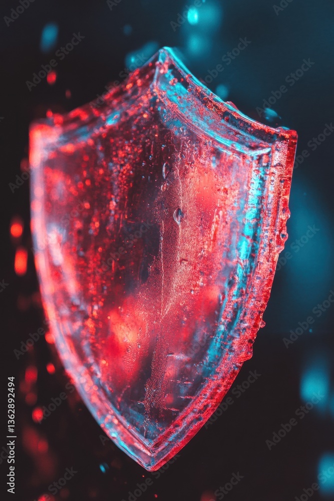 Poster Futuristic Digital Shield Immersive Cybersecurity Visualization with Neon Liquid Glass Texture - Enterprise Resilience and AI-Powered Network Protection