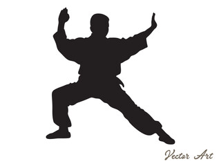 Karate fighter in kimono, vector silhouette illustration.